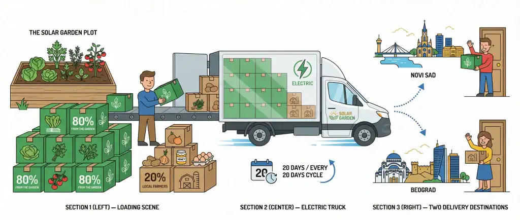 Solar garden with solar panels and delivery truck for eco-friendly transportation.