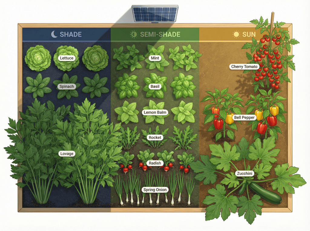An organized garden diagram showing leafy greens, herbs, and vegetables in sun, semi-shade, and shad.