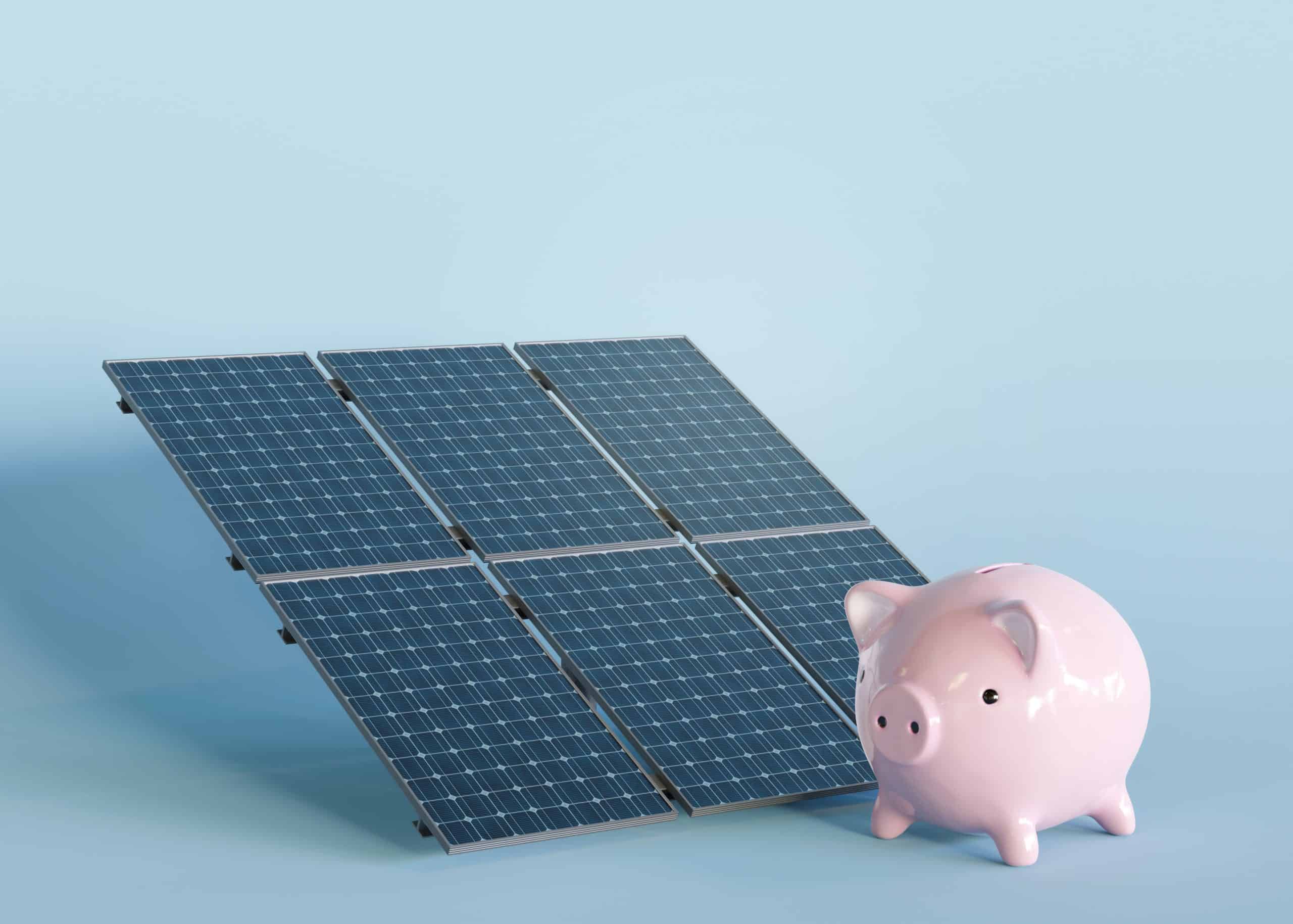 Solar panel array with piggy bank symbolizing solar investment savings.