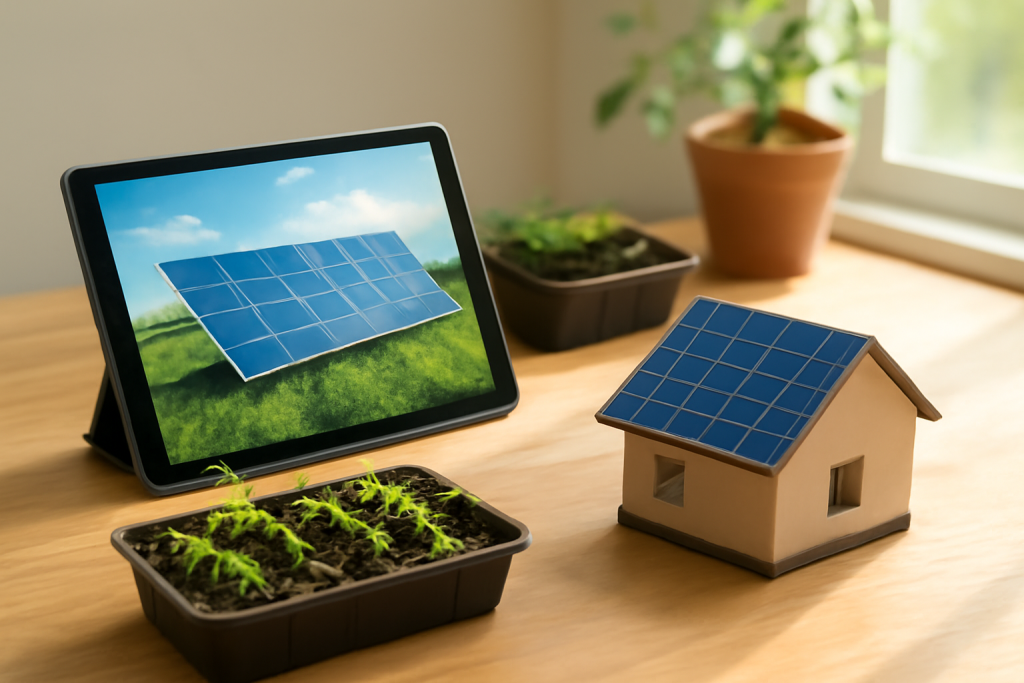 Solar panels on a tablet and miniature house with garden plants.