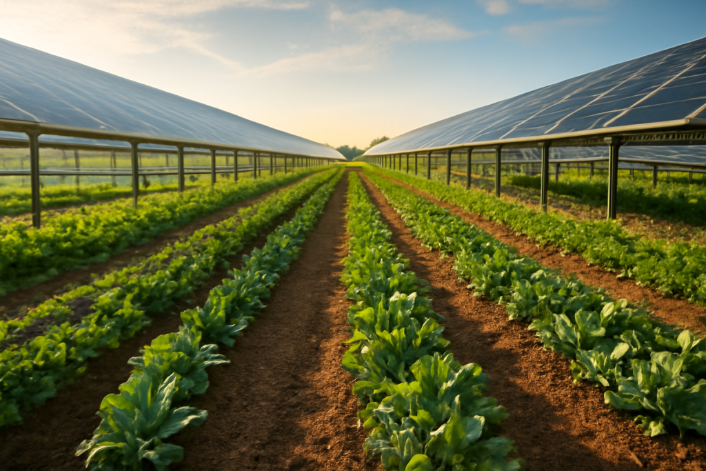 Solar panel farm with lush green crops growing underneath at sunset.