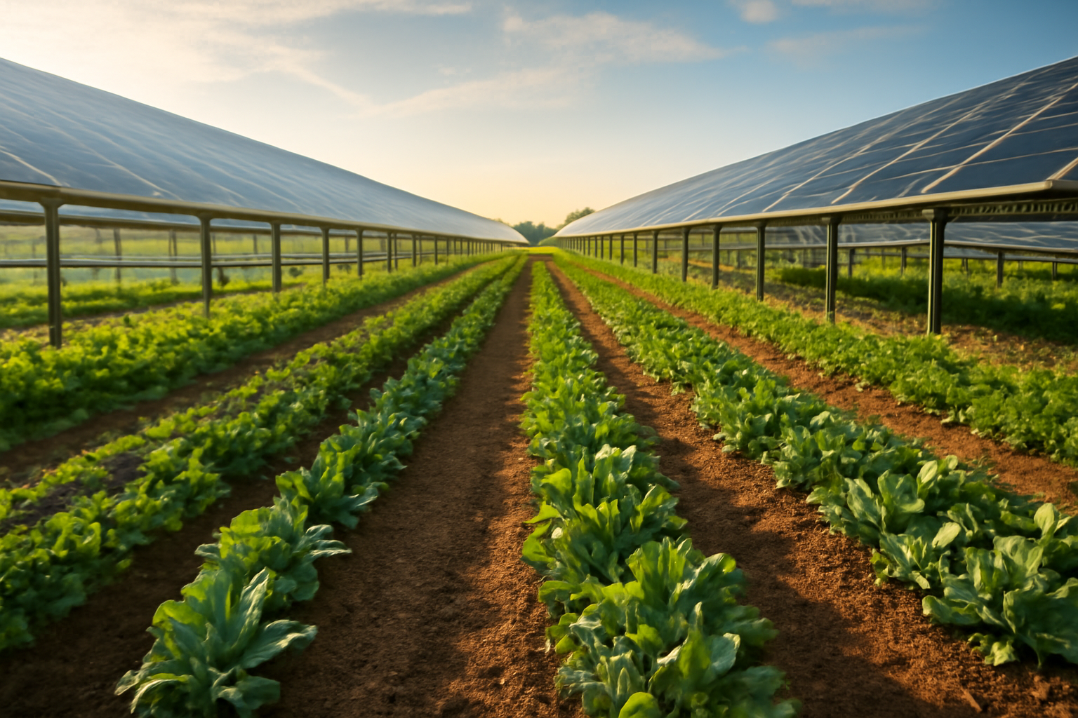 Solar panel farm with lush green crops growing underneath at sunset.