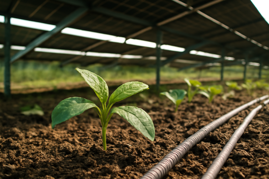 Young plant growing under solar-powered greenhouse with irrigation system.