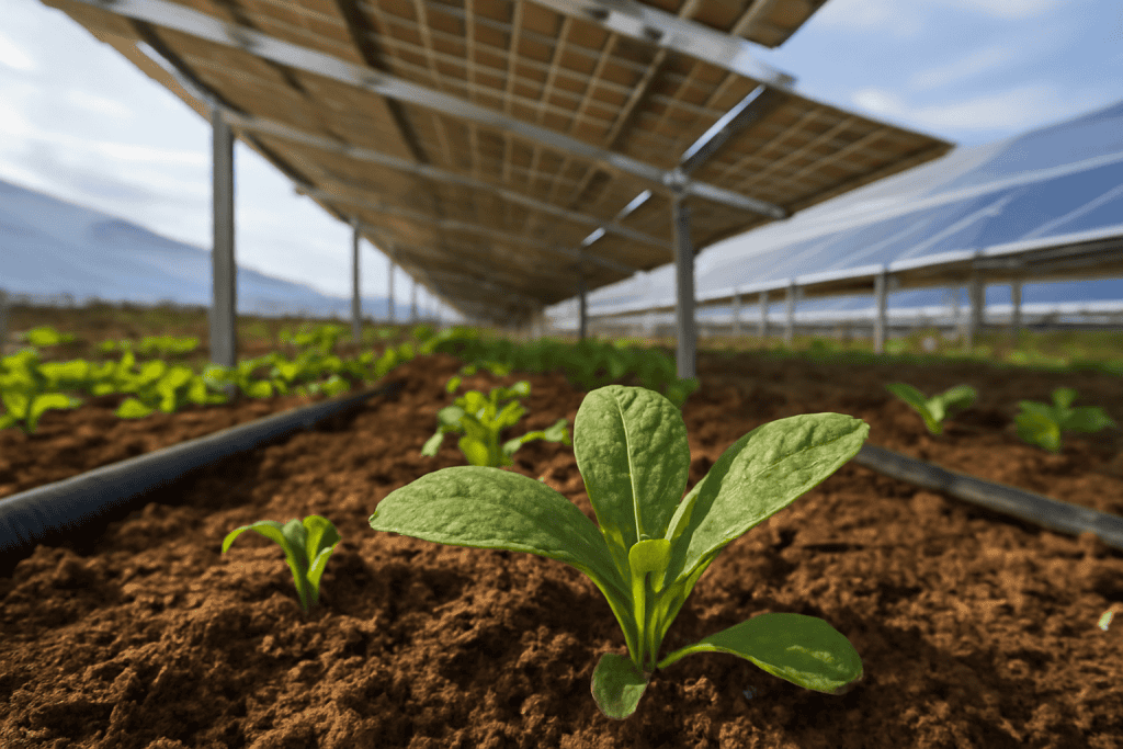 Solar-powered greenhouse with young plants and solar panels overhead.