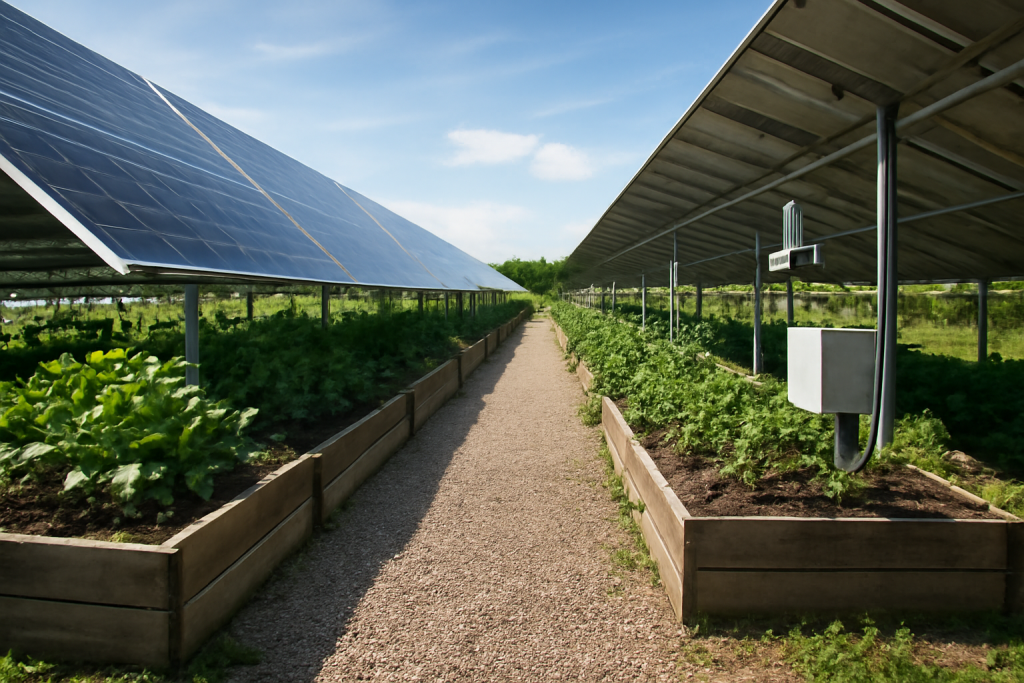 Solar panels and greenhouse garden at Solar Plus Garden.