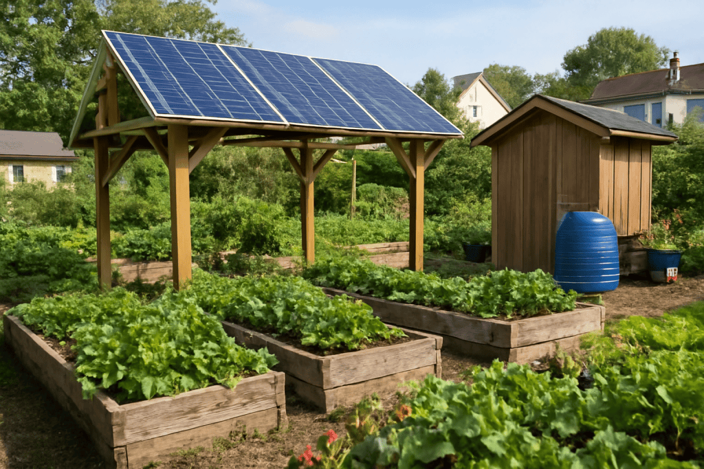 Solar panel array over vegetable garden for sustainable energy.