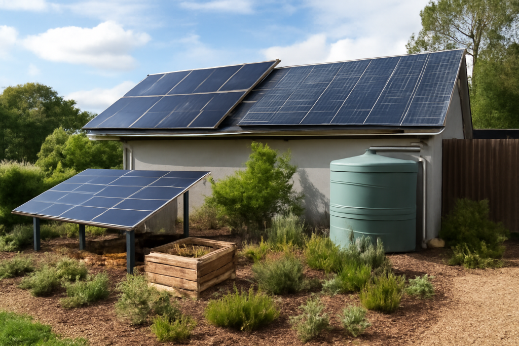 Residential house with solar panels and rainwater harvesting tank.