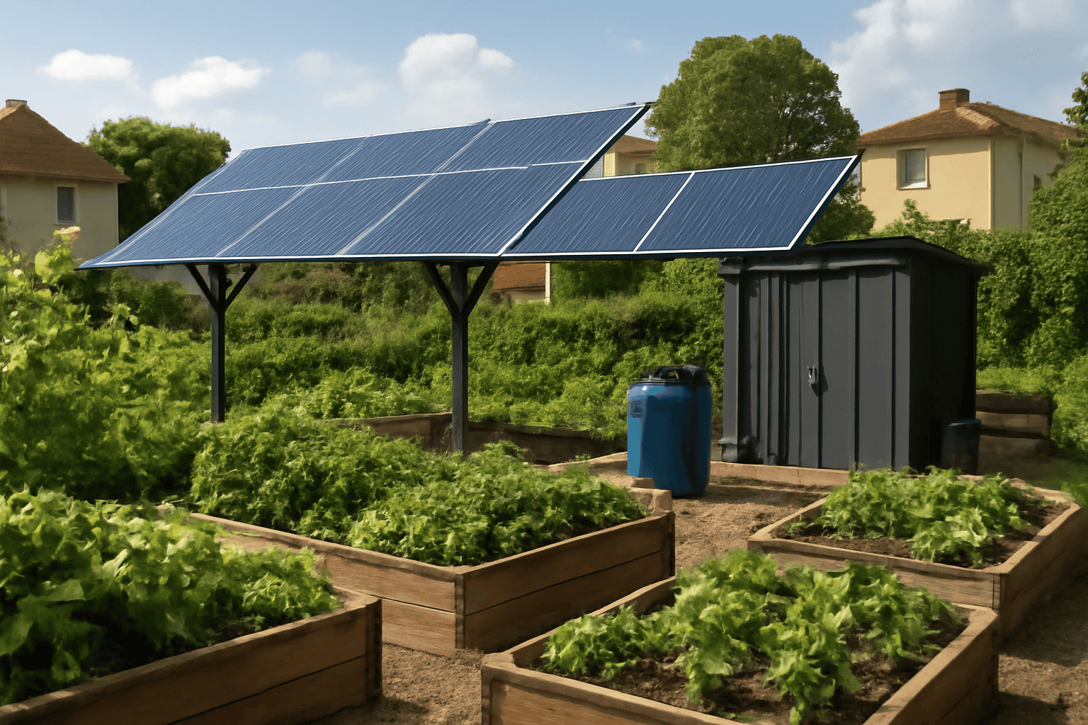 Solarni paneli postavljeni preko baštenskih gredica za obnovljivu energiju i efikasnost baštovanstva.