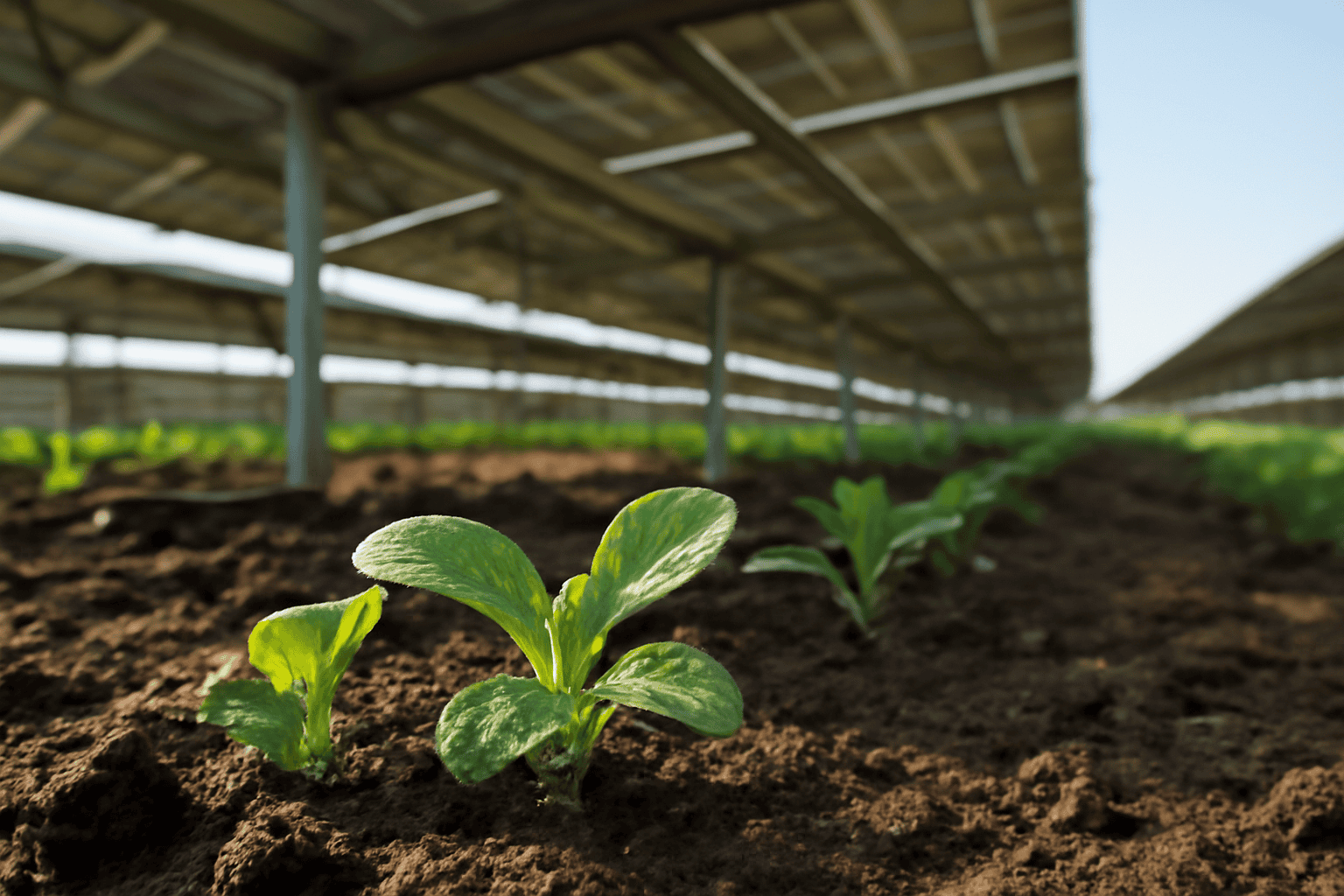 Young vegetable plants growing under solar-powered greenhouse structure.