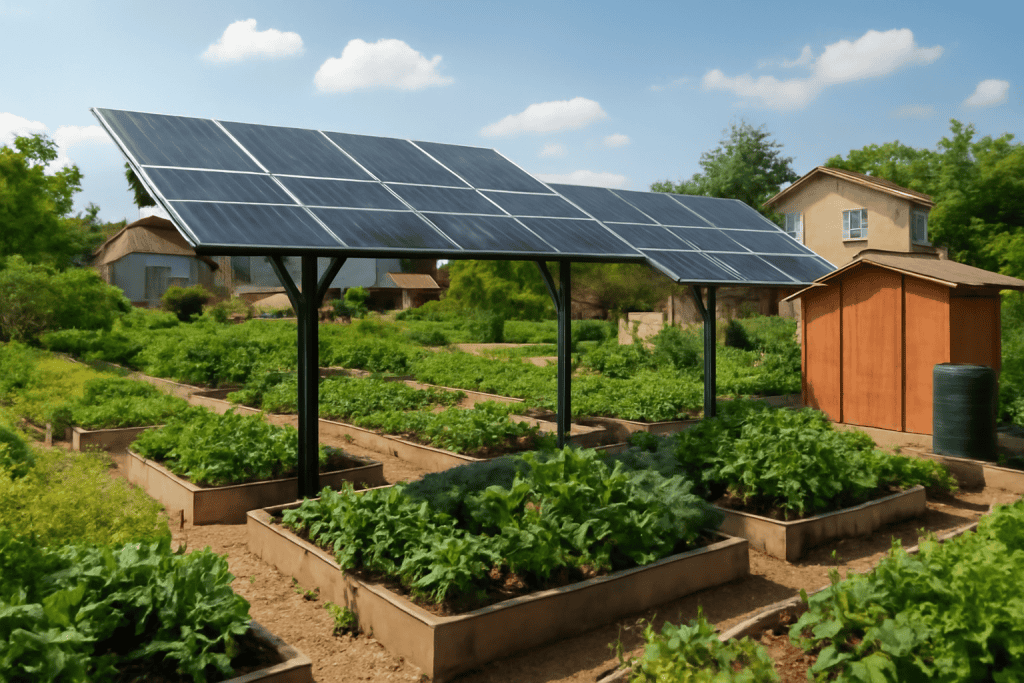 Układ paneli słonecznych nad ogrodem warzywnym zapewniający zrównoważoną energię.