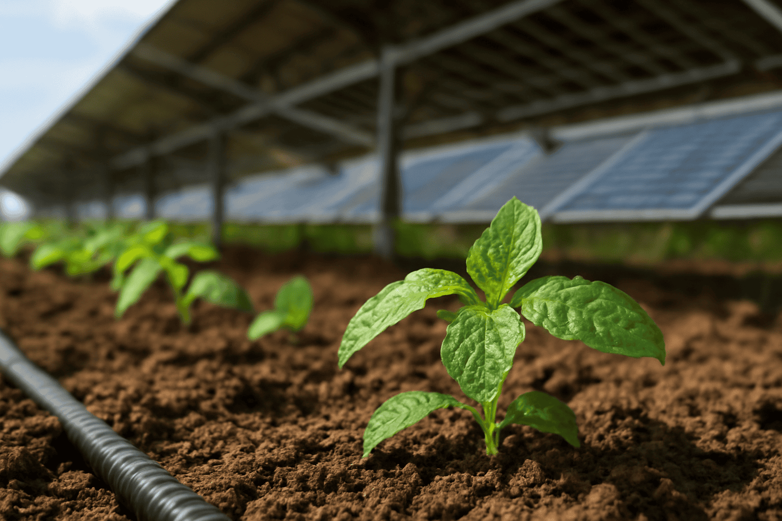Young plant growing in soil beneath solar panels at Solar Plus Garden.