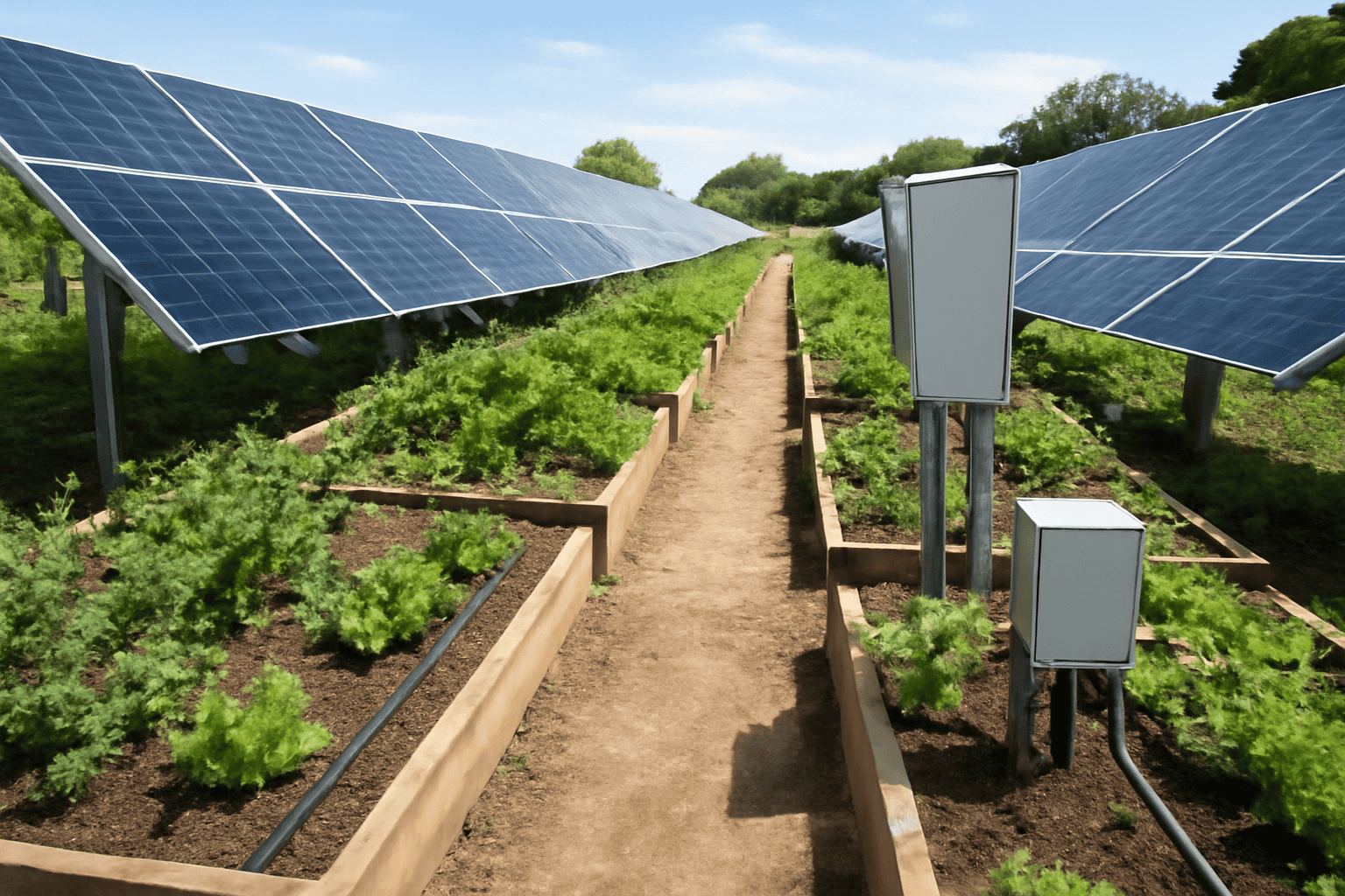 Des panneaux solaires dans un jardin luxuriant, sous un ciel d'un bleu limpide.
