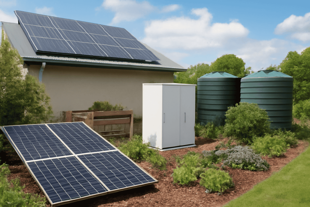 Zonnepanelen en watertanks in een tuin voor hernieuwbare energie en waterbesparing.