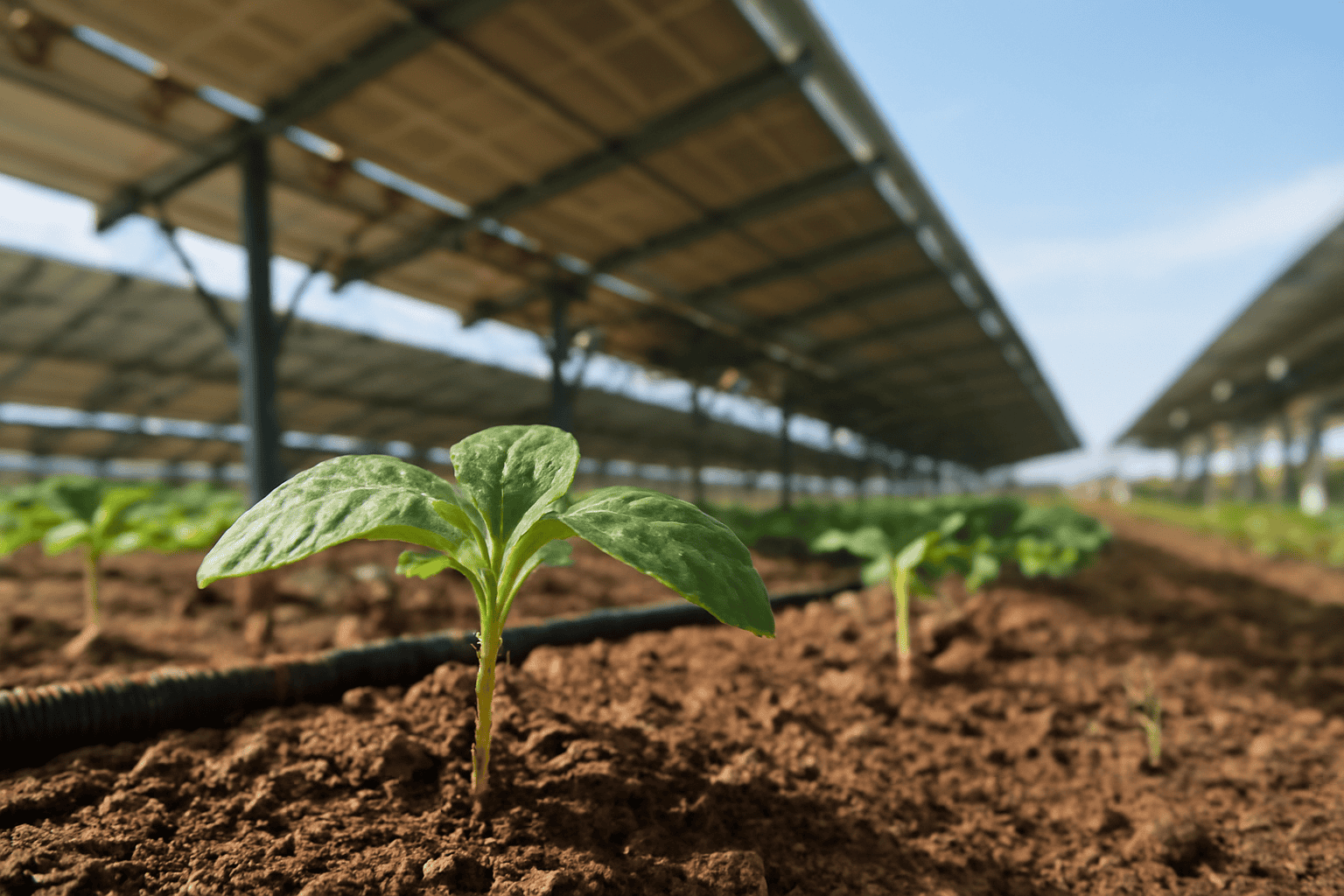 Jonge plantjes groeien onder zonnepanelen op een milieuvriendelijke boerderij.