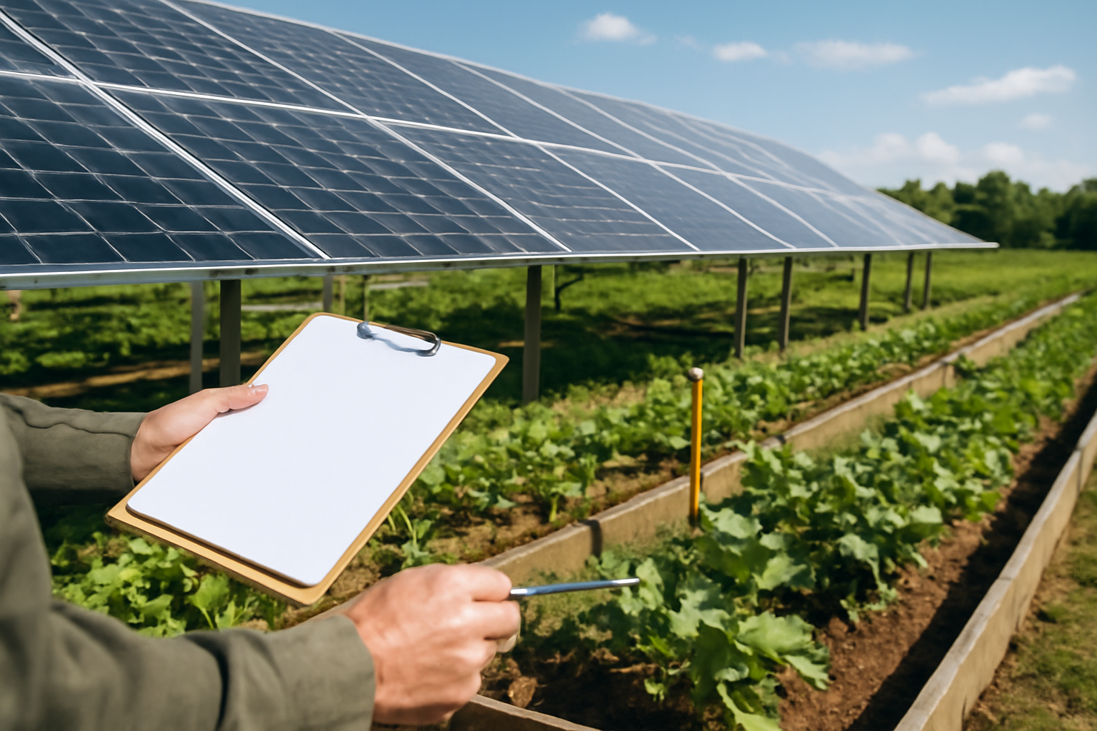 Une personne surveille les panneaux solaires et le jardin à l'aide d'un bloc-notes et d'un stylo.
