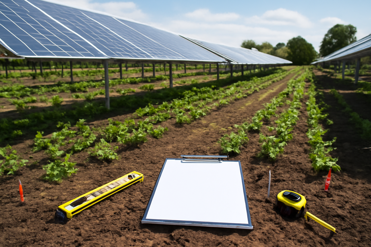 Farma solarnih panela sa alatima za praćenje i redovima useva pod plavim nebom.