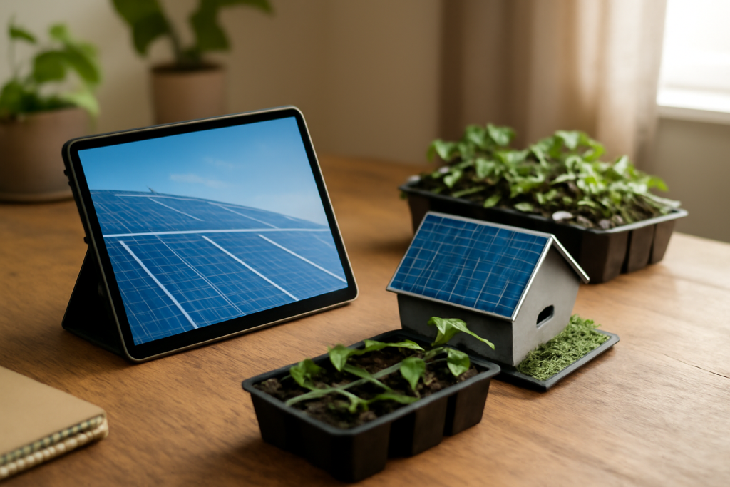 Solar panels on a tablet and miniature house with plants for sustainable energy.