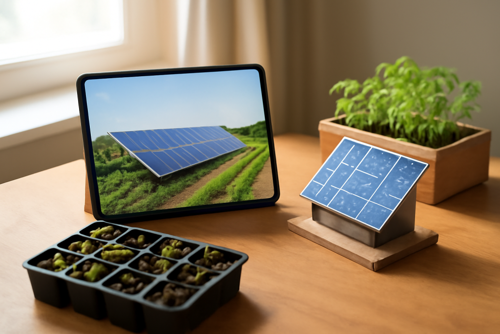 Système de panneaux solaires intelligent avec tablette et pots de fleurs dans un jardin.