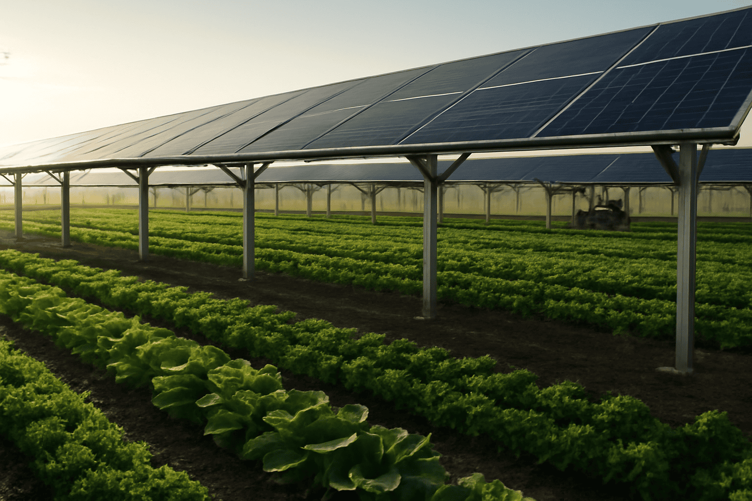 Zonnepanelen geïnstalleerd boven een weelderig groene boerderij met gewassen die eronder groeien.