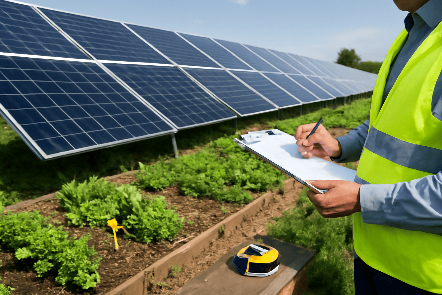 Een technicus inspecteert zonnepanelen in een tuin met groene planten.