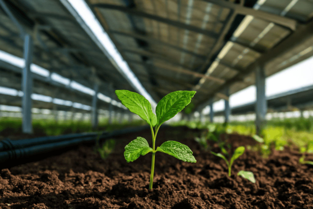 Young plant growing in greenhouse at Solar Plus Garden.