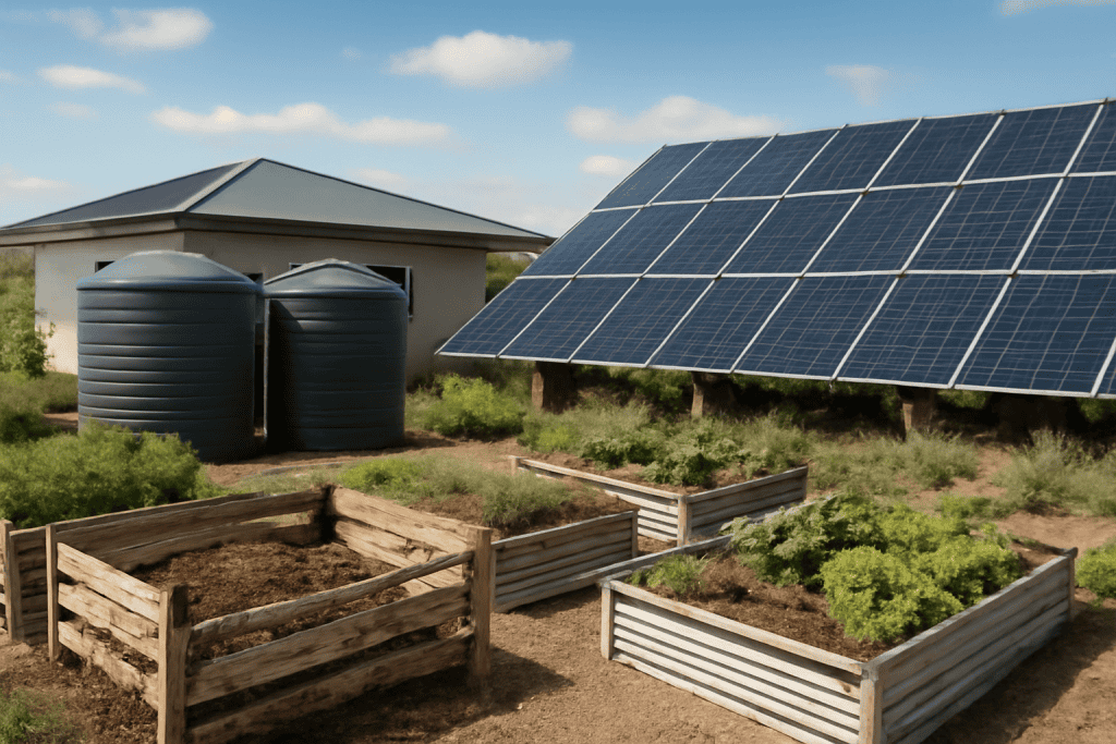 Solar panels and water tanks at Solar Plus Garden for sustainable energy and water management.