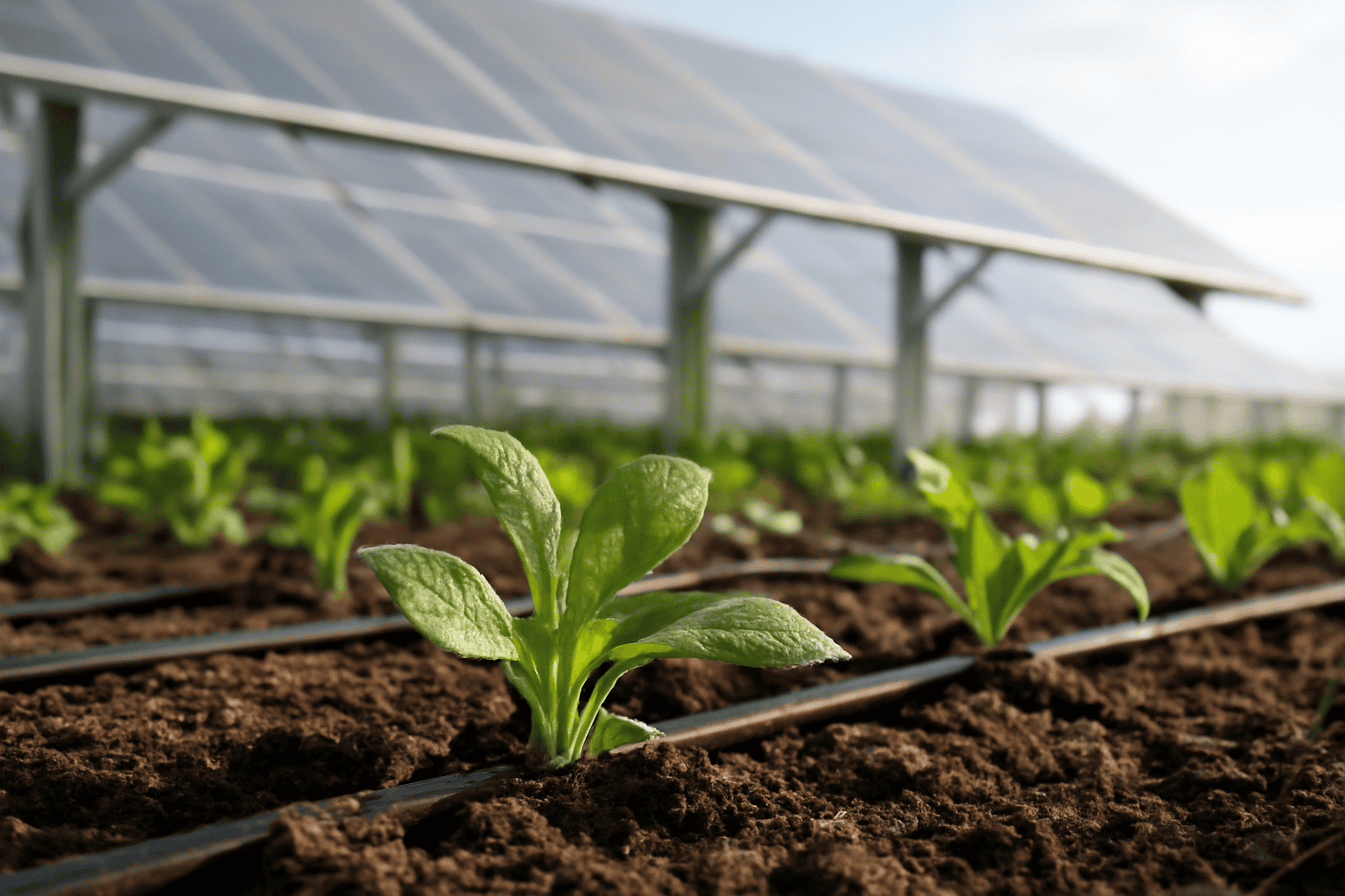 Junge Salatpflanzen wachsen in einem solarbetriebenen Gewächshausgarten.
