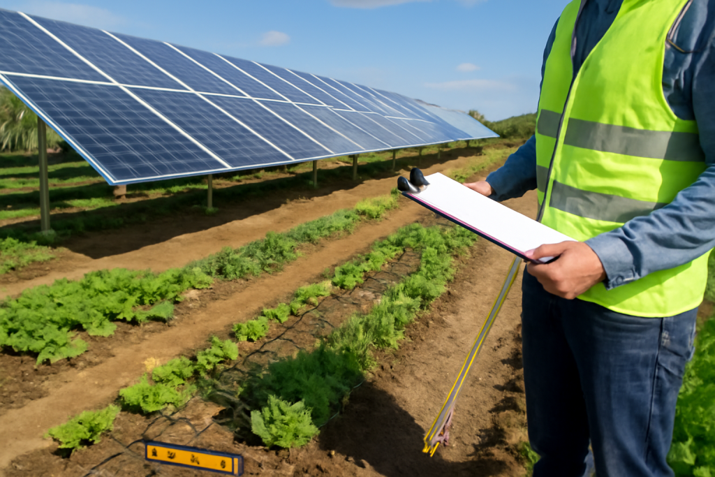 Un agriculteur inspecte les panneaux solaires et les rangs de cultures au Solar Plus Garden.