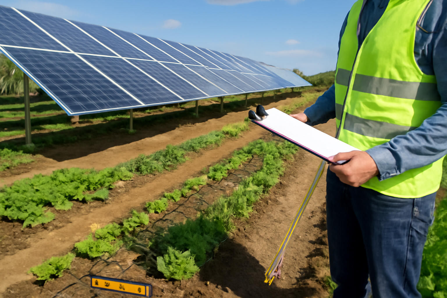 Un agricoltore ispeziona i pannelli solari e le file di coltivazioni presso l'azienda agricola Solar Plus Garden.