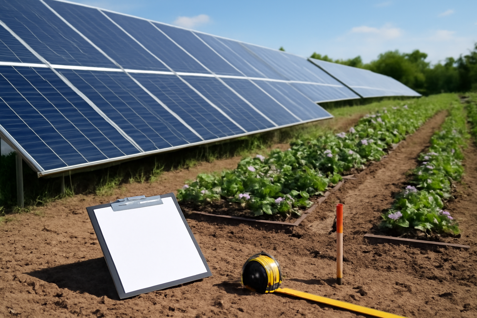 Zonnepanelen geïnstalleerd in een tuin met planten en tuingereedschap in de buurt.