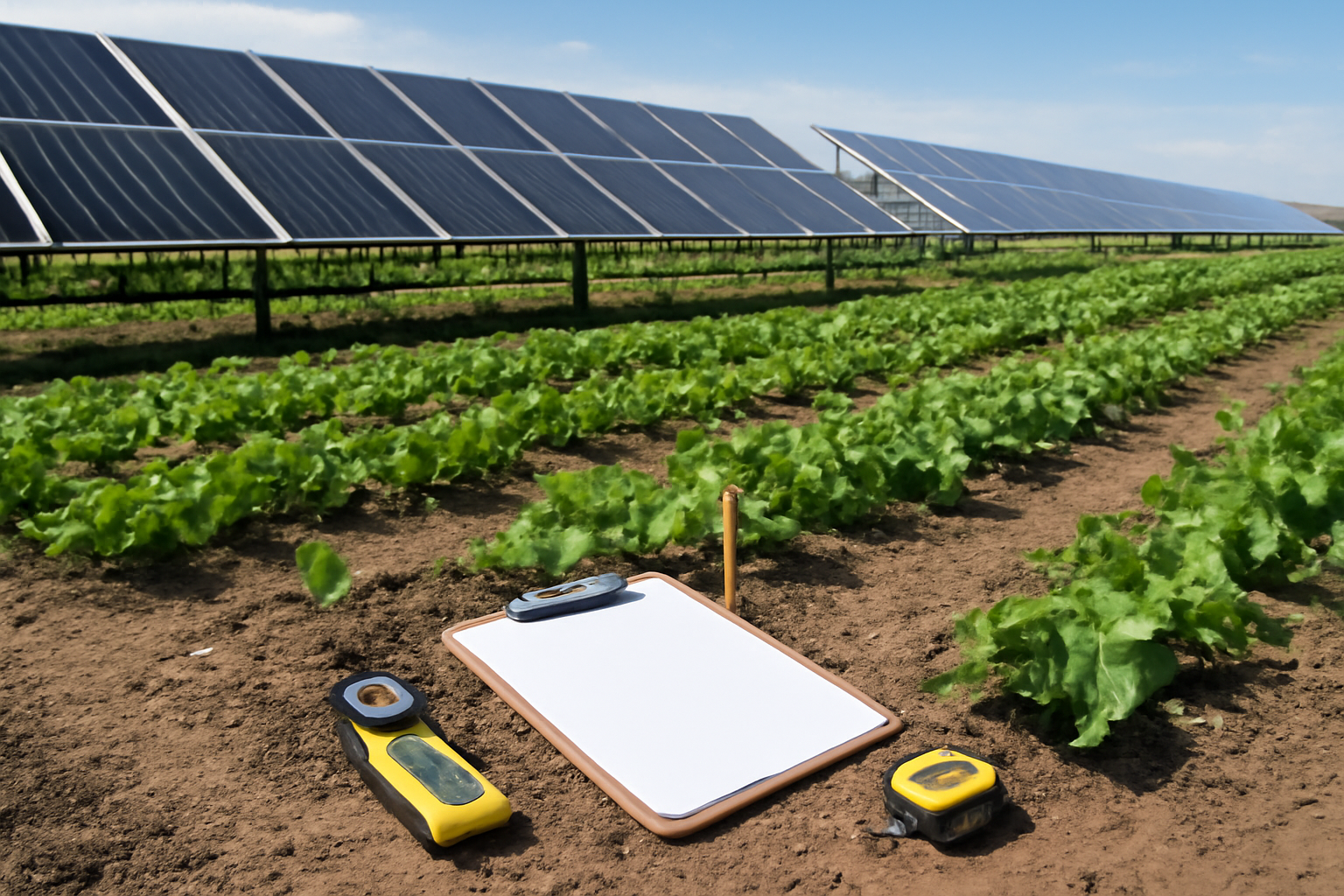 Zonnepanelen en bodemsensoren in een duurzame landbouwomgeving.
