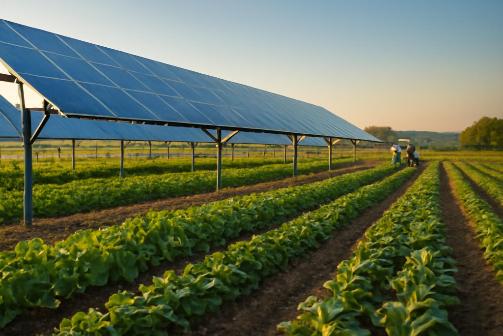 Panele słoneczne nad farmą warzywną w Solar Plus Garden.