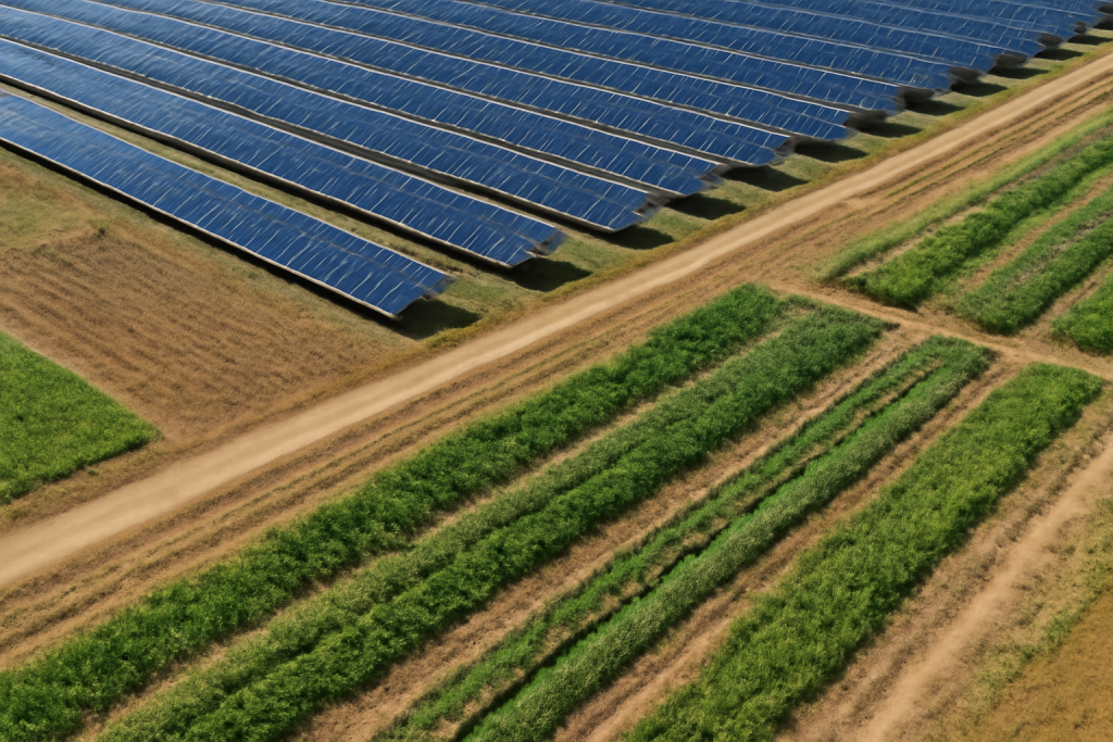 Installation de panneaux solaires de grande envergure entourée de champs agricoles verdoyants.