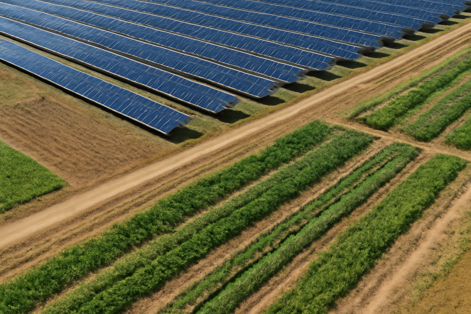 Grote zonnepaneleninstallatie met daarboven groene landbouwvelden.