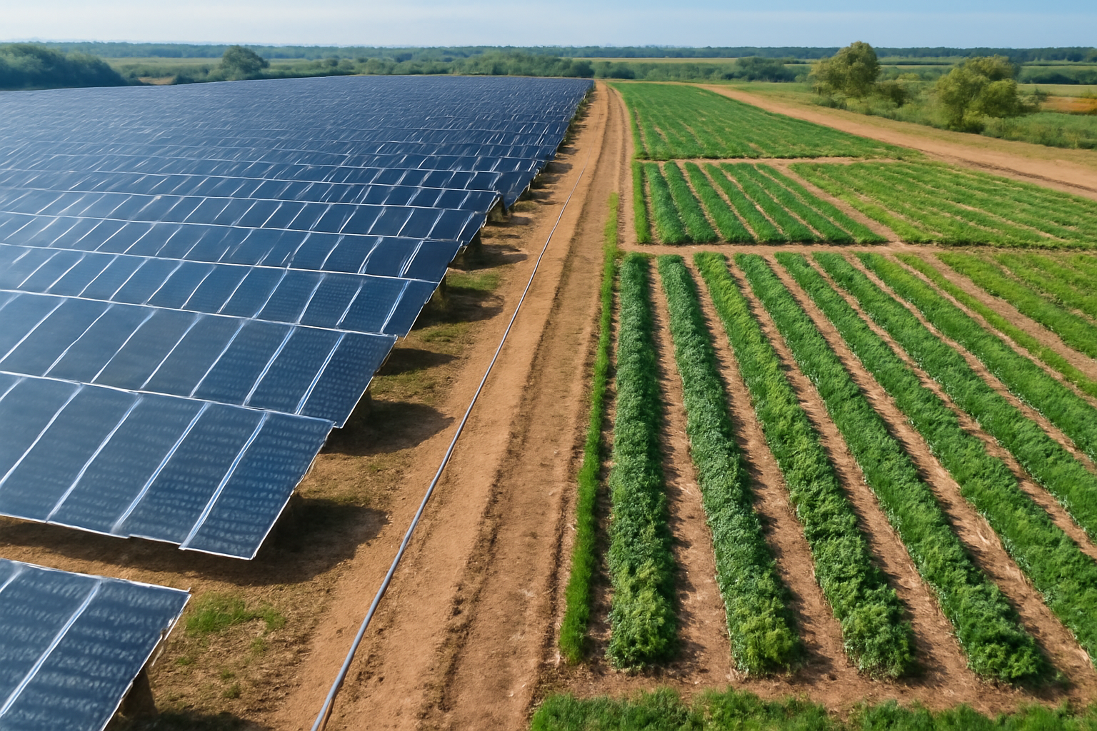 Panneaux solaires et champs cultivés à la ferme Solar Plus Garden.