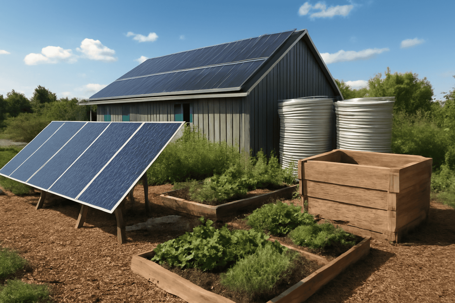 Solpaneler och vattentankar på Solar Plus Garden för hållbar energi.