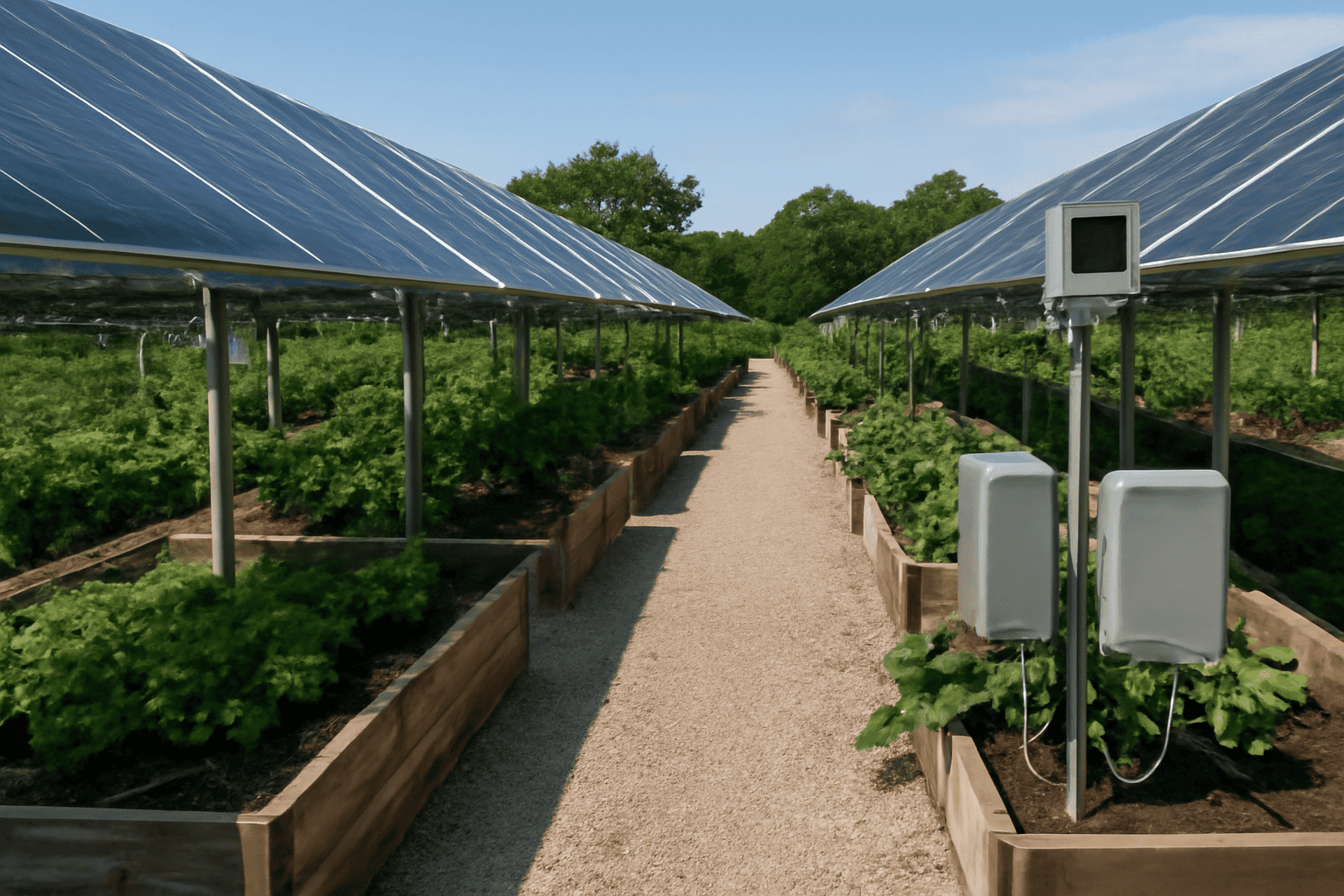 Serre Solar Plus Garden avec panneaux solaires et plantes luxuriantes.