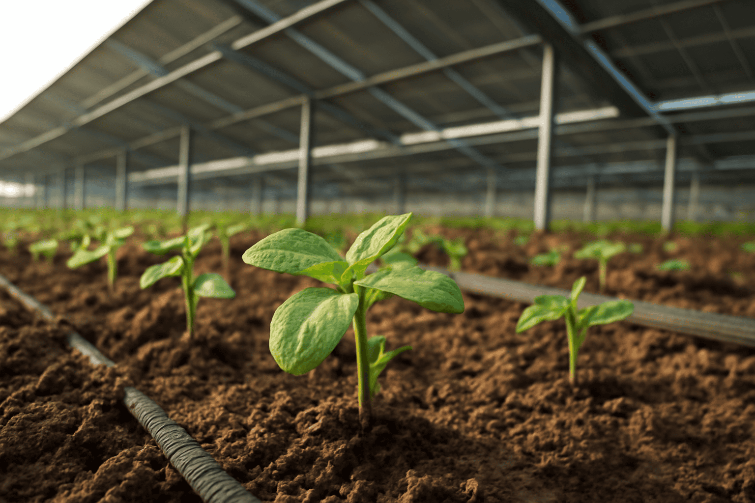 Giovani piantine che crescono in una serra alimentata a energia solare per un'agricoltura sostenibile.