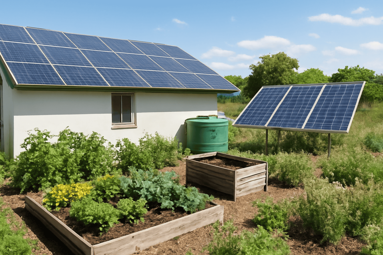 Zonnepanelen geïnstalleerd op een huis en tuin met moestuinbedden.