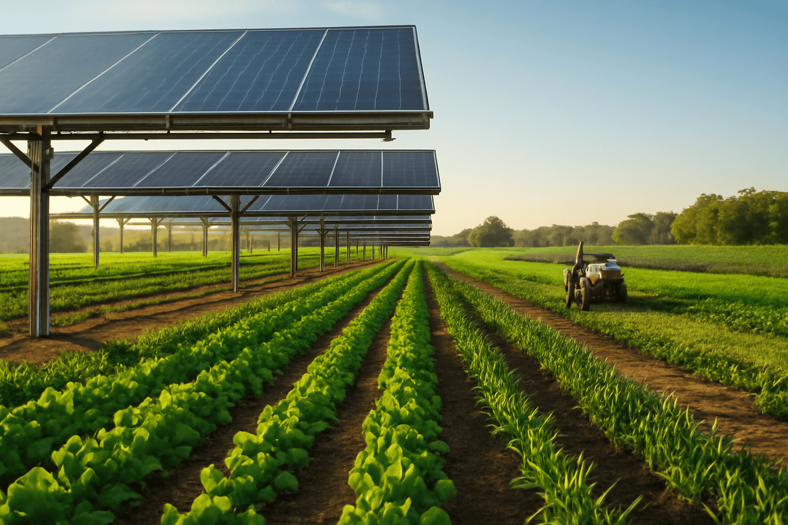 Solarpaneele über einem Bauernhof mit Nutzpflanzen und einem Traktor auf dem Feld.