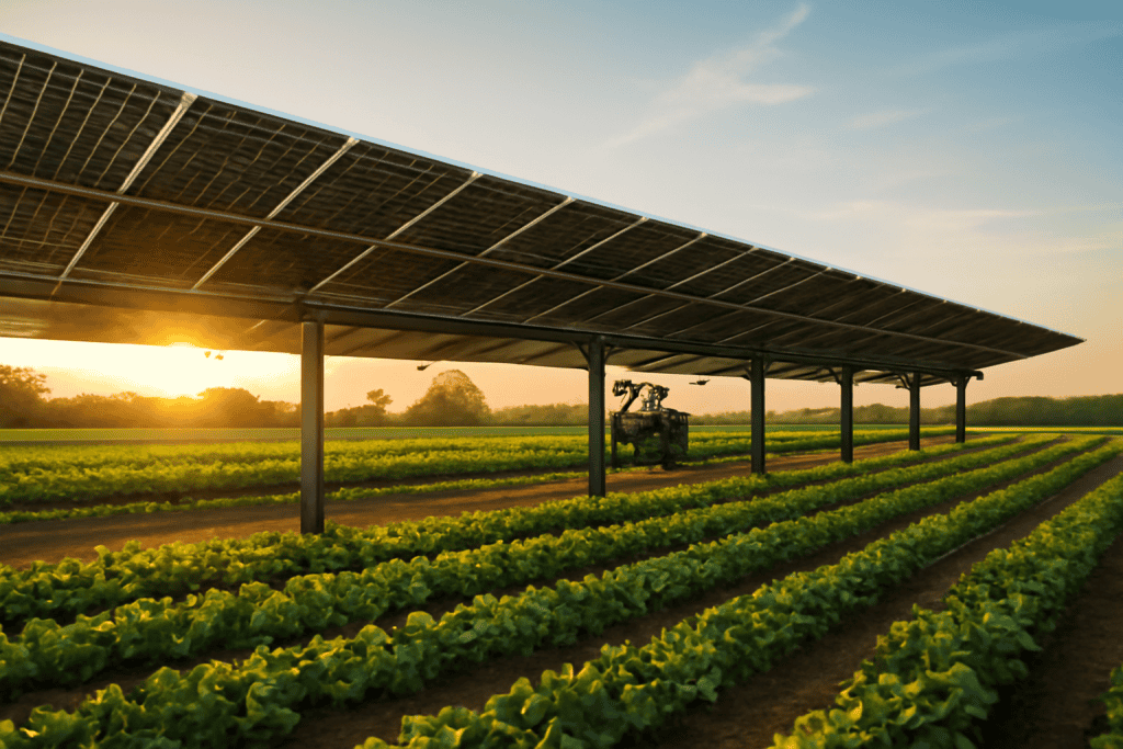 Zonnepanelen boven groentegewassen op een boerderij tijdens zonsondergang.