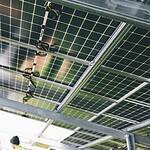 Zonnepanelen geïnstalleerd op het dak van een kas voor duurzame energieopwekking.