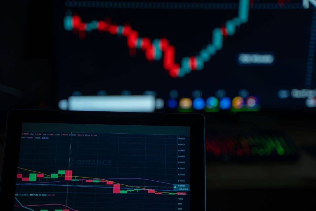 Financial trading charts on digital screens showing market trends and data analysis.