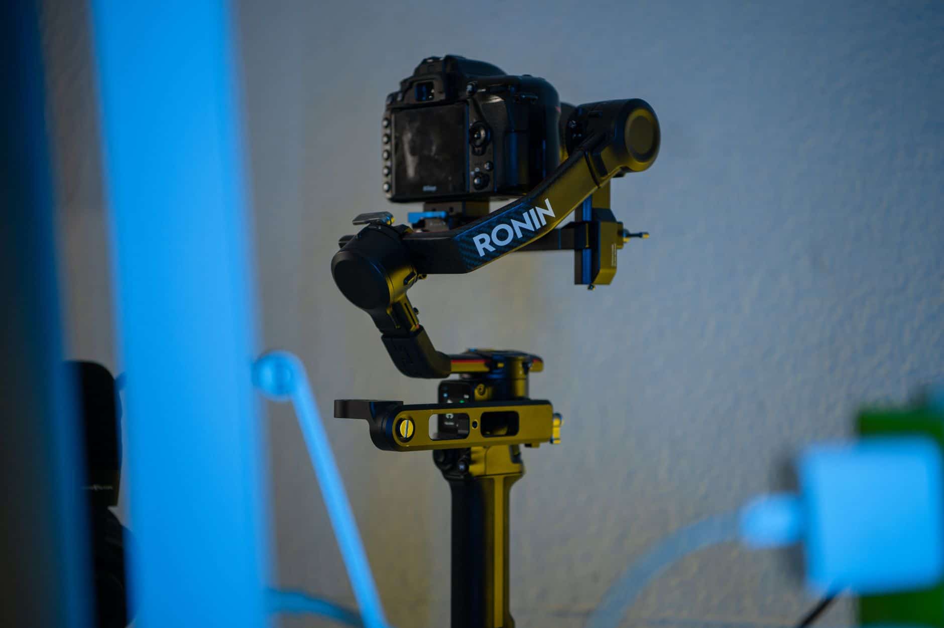 Camera mounted on a robotic stabilizer for smooth filming or photography.